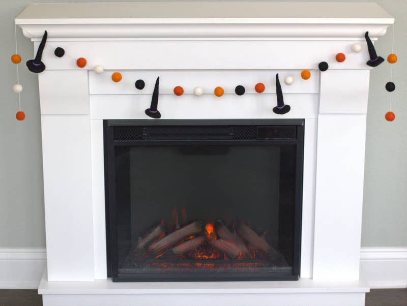 Halloween Witch Hat Felt Ball Garland- Black Orange White