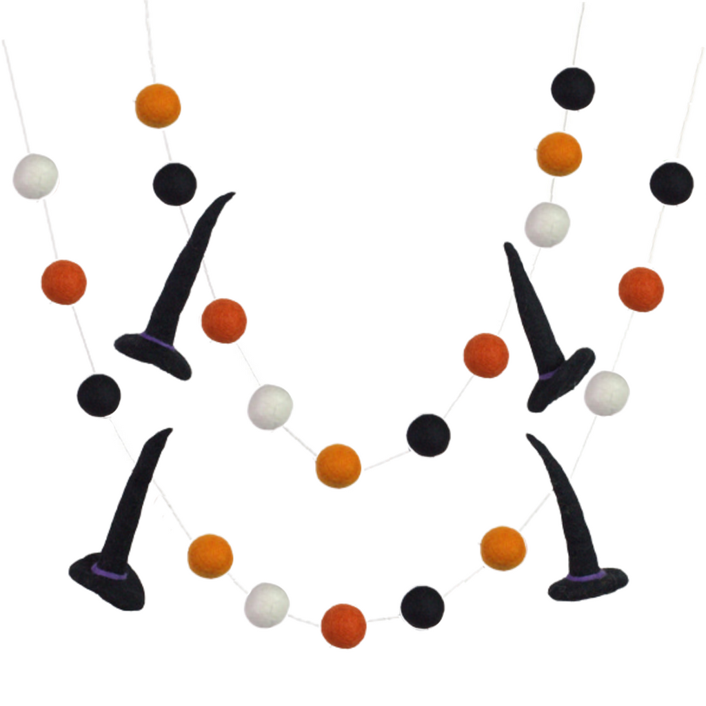 Halloween Witch Hat Felt Ball Garland- Black Orange White
