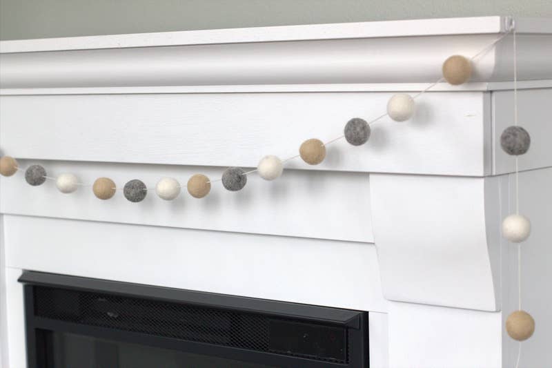 Almond, Gray & White Felt Ball Garland