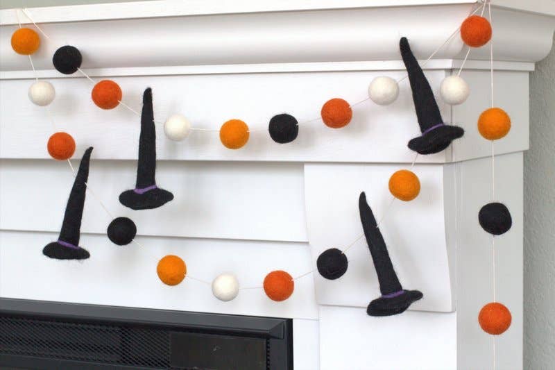 Halloween Witch Hat Felt Ball Garland- Black Orange White