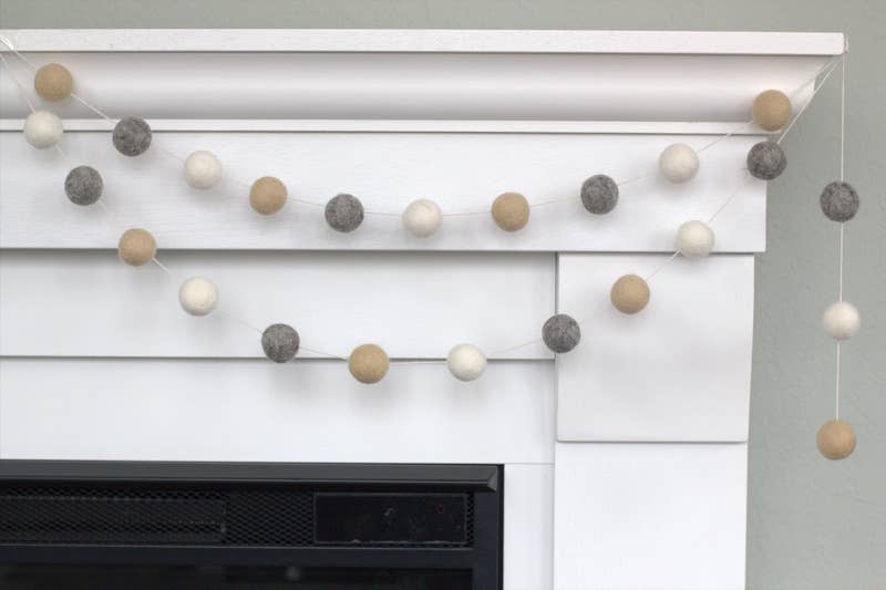Almond, Gray & White Felt Ball Garland