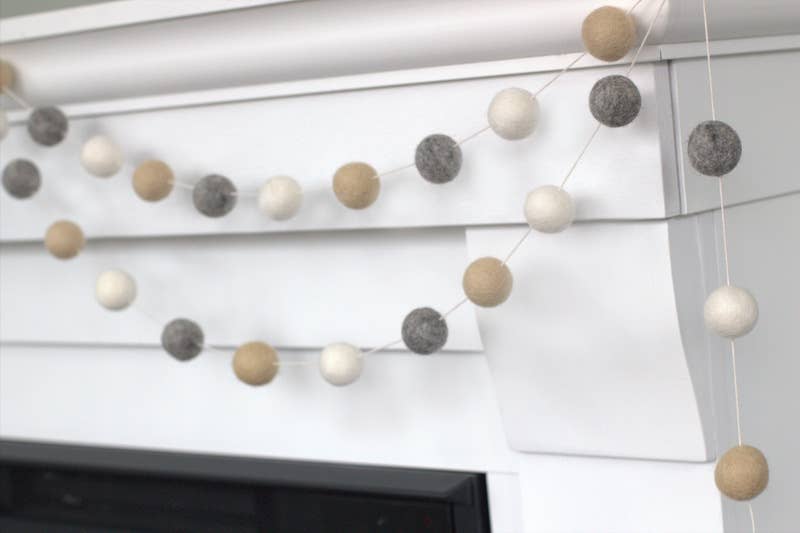 Almond, Gray & White Felt Ball Garland