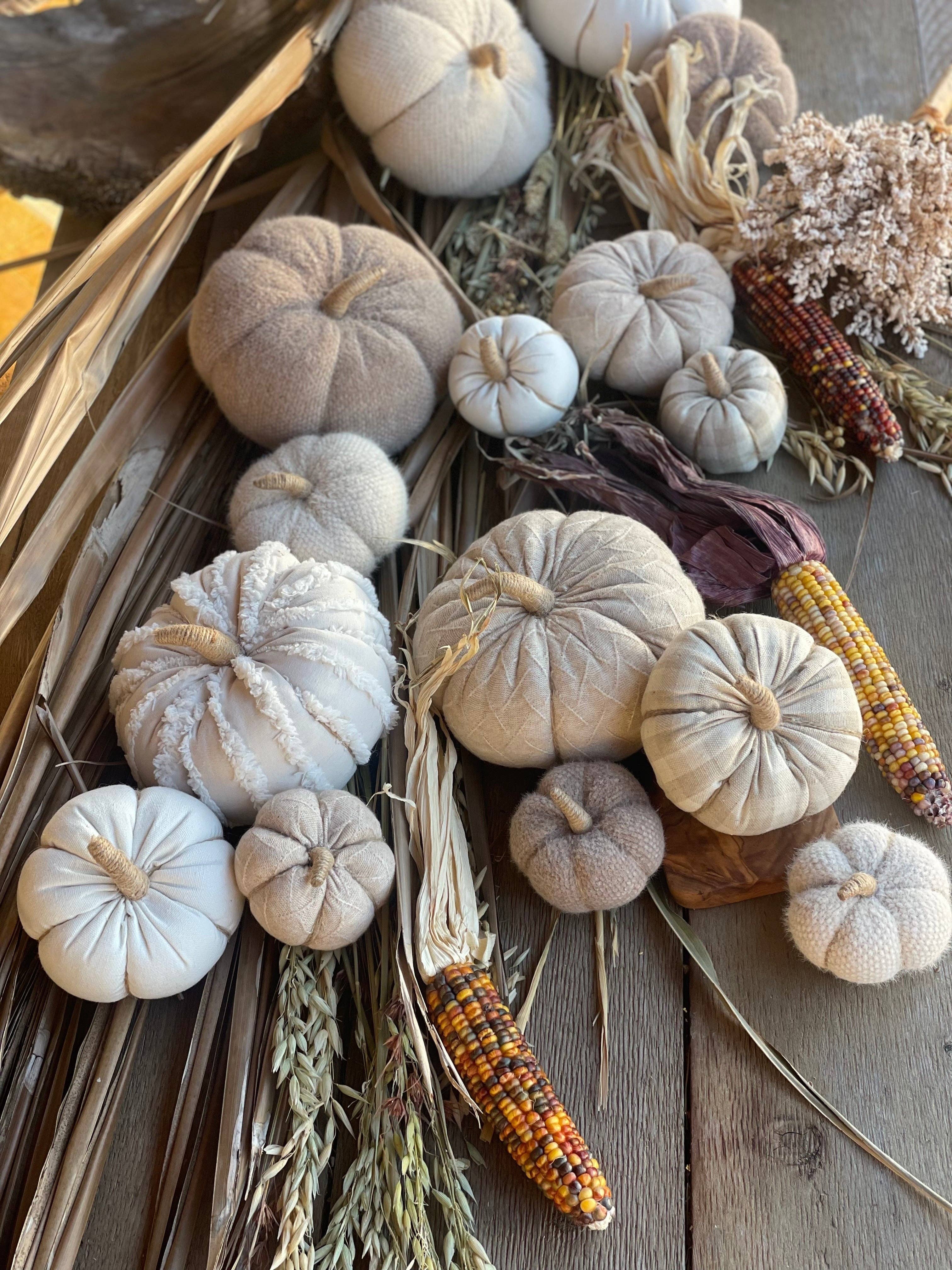 Small Cream Fuzzy Fall Fabric Pumpkin