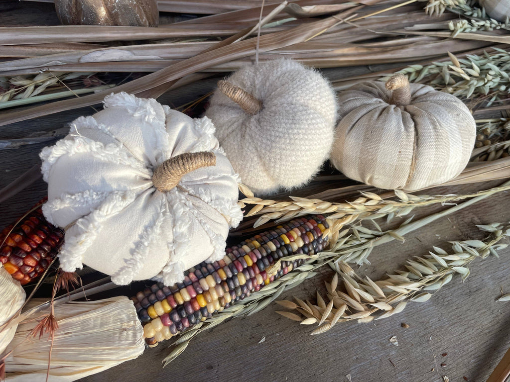 Small Cream Fuzzy Fall Fabric Pumpkin