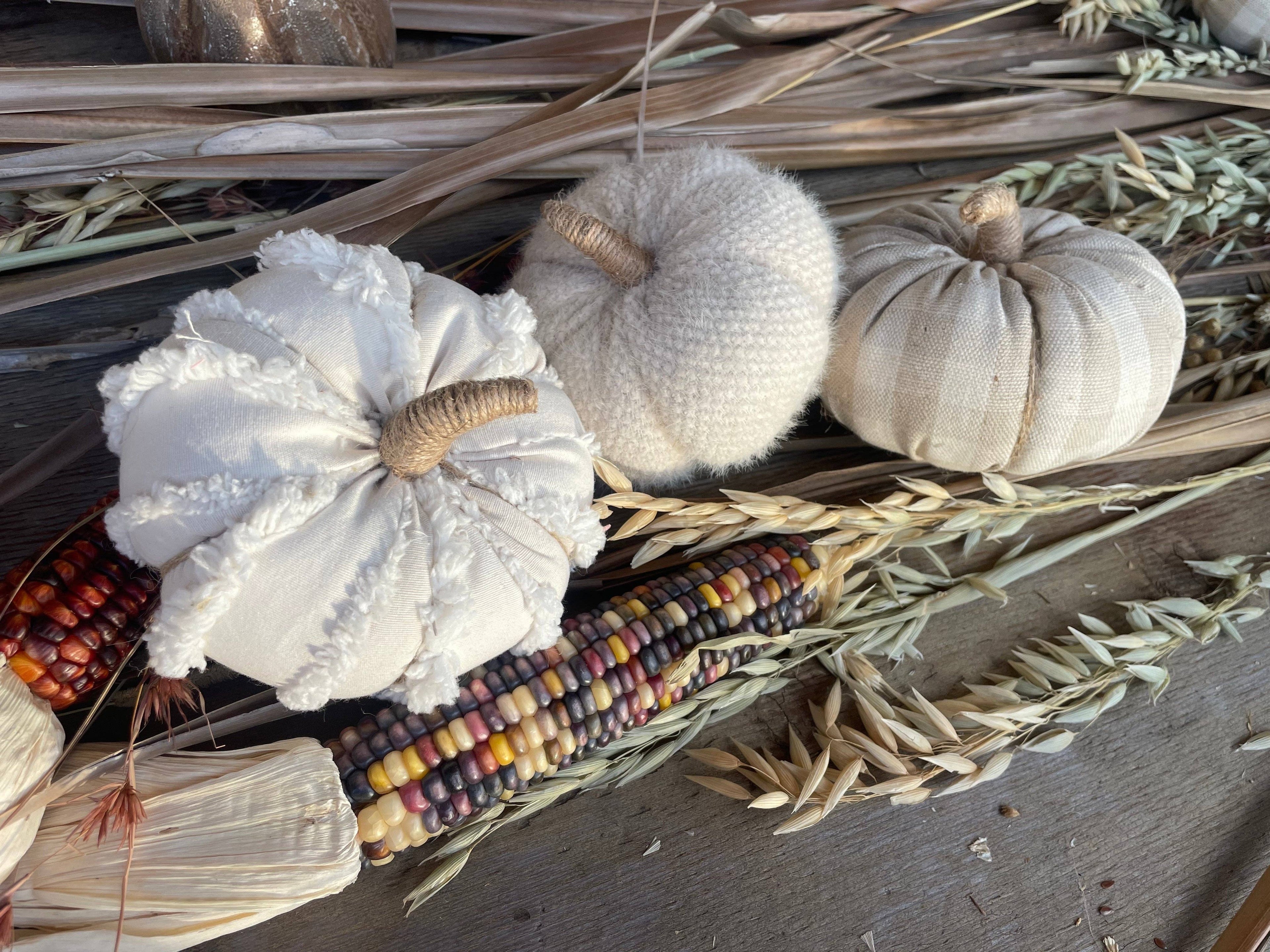 Small Cream Fuzzy Fall Fabric Pumpkin