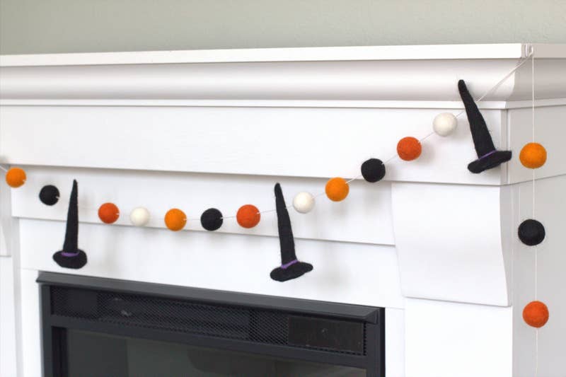 Halloween Witch Hat Felt Ball Garland- Black Orange White
