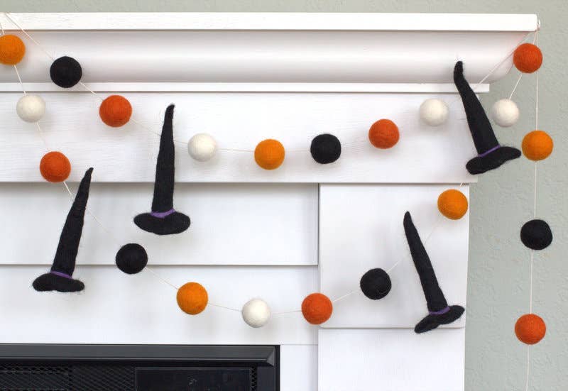 Halloween Witch Hat Felt Ball Garland- Black Orange White
