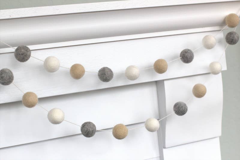 Almond, Gray & White Felt Ball Garland
